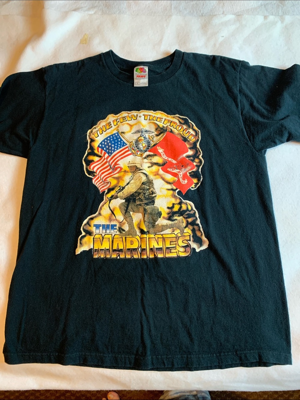 Fruit of the Loom Black Graphic The Marines T‑Shirt with Red and Yellow Print
